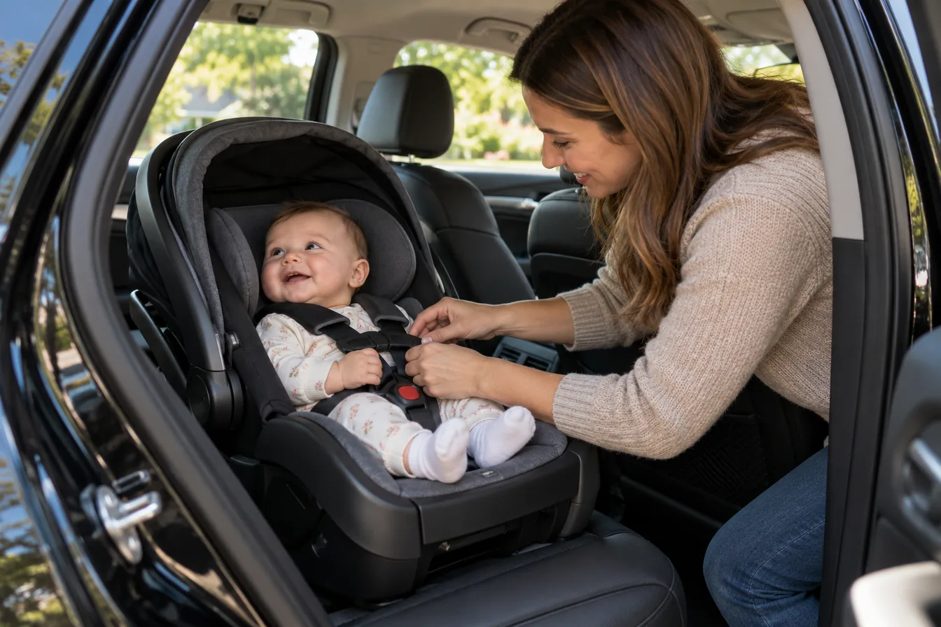 Siège auto bébé installé dos à la route sur la banquette arrière d'une berline